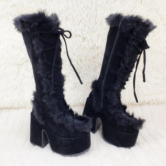 Camel 311 Black furry goth punk Platform Knee Boot - Picture 1 of 10